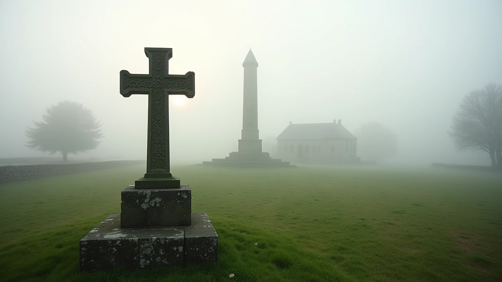 Ancient Celtic high cross standing in misty Irish monastery ruins with stone buildings in background