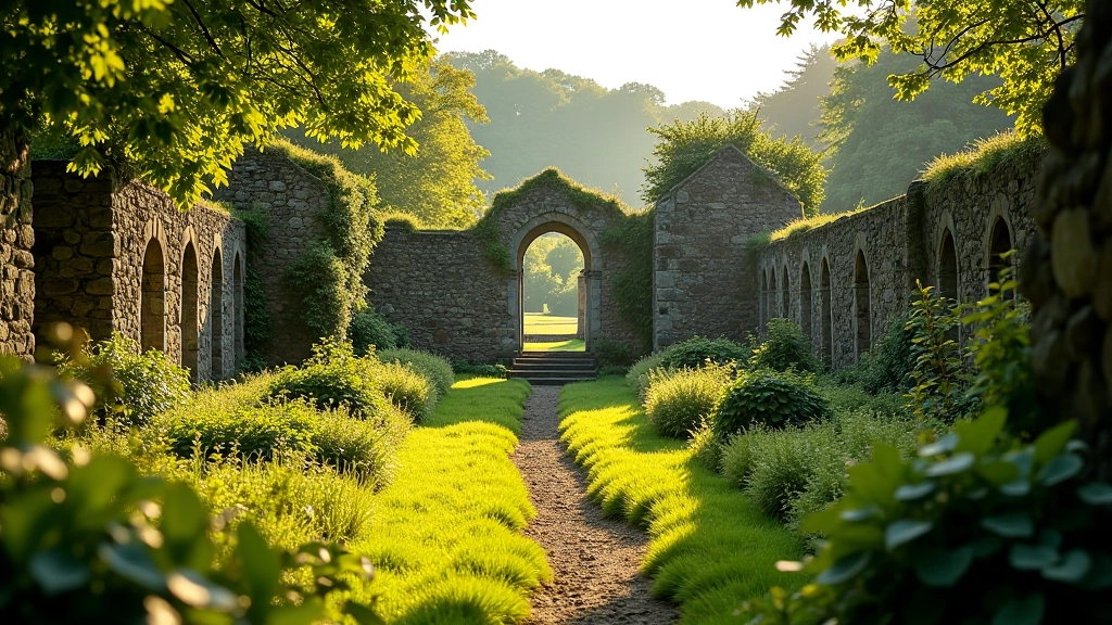 Ancient monastery ruins with overgrown garden beds and stone foundations visible in afternoon light