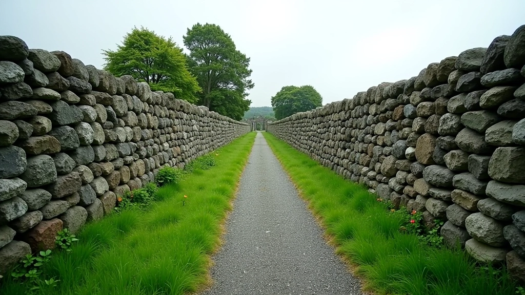 Stone pathway through ancient monastic grounds with weathered walls