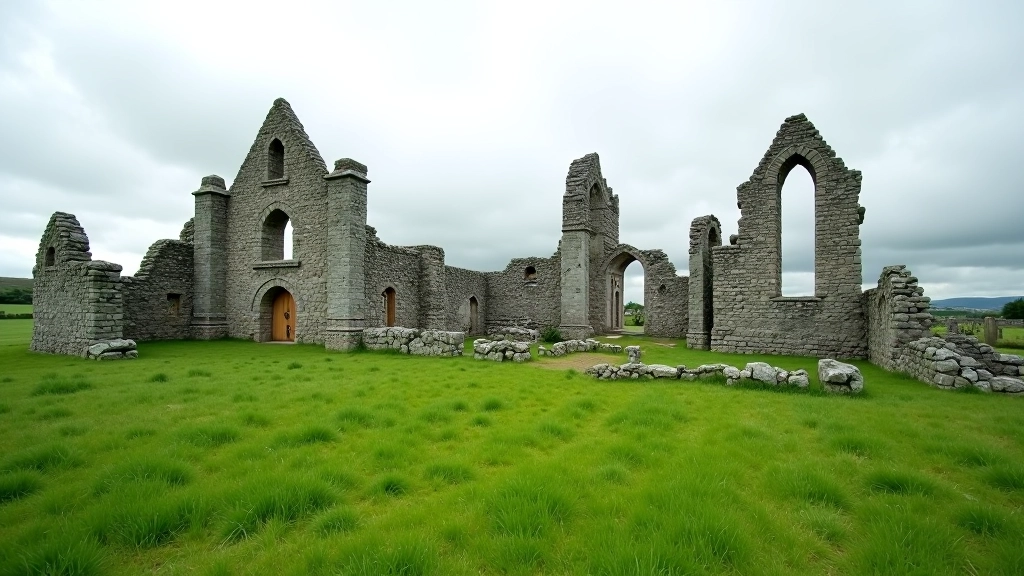 Ancient stone ruins of Clonmacnoise monastery surrounded by green fields and cloudy sky