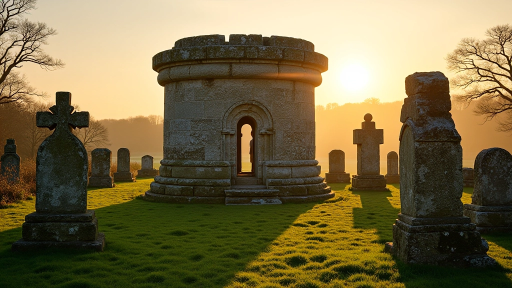 Clonmacnoise round tower and medieval ruins