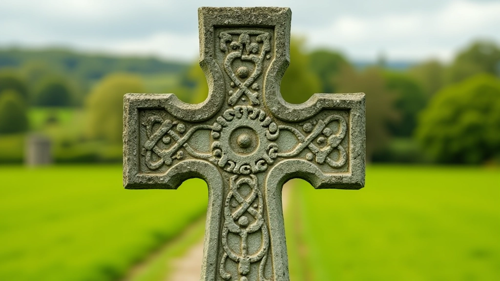 Detailed carved Celtic high cross with intricate biblical scenes and geometric patterns at Clonmacnoise