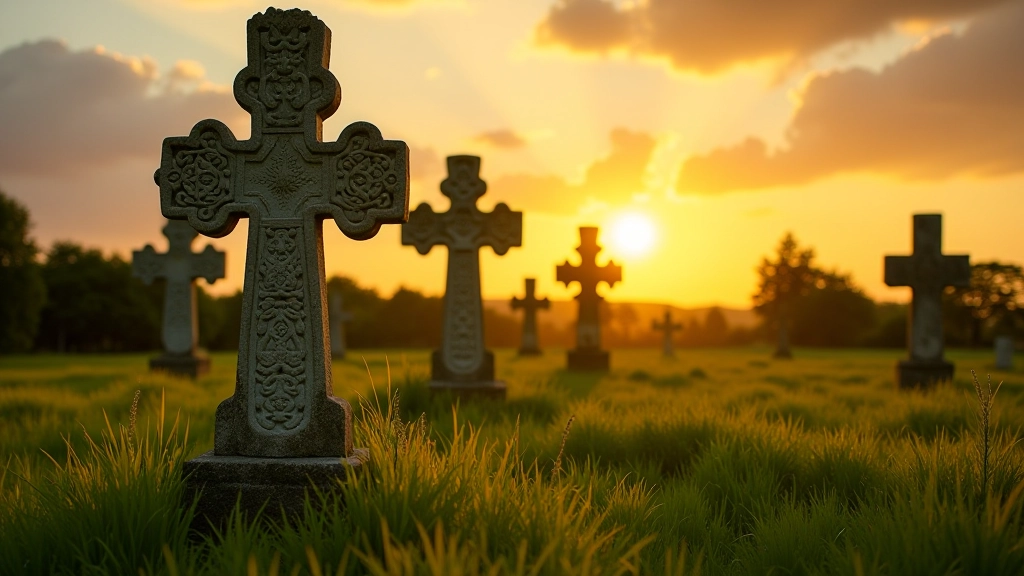 Ornately carved Celtic high crosses standing in lush Irish meadowland with golden sunset light