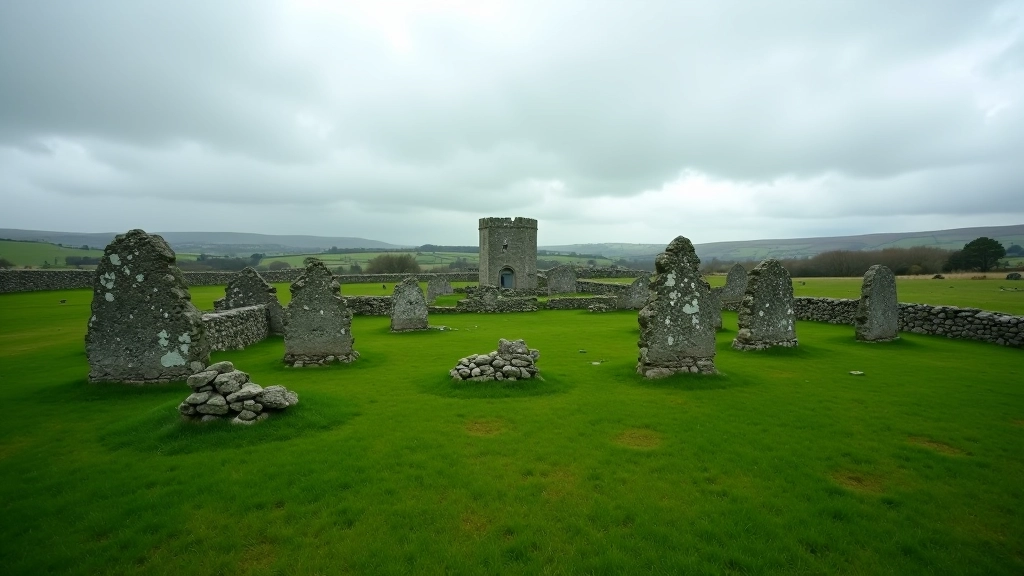 Wide view of Clonmacnoise monastic site with multiple stone church ruins spread across green field with round tower visible