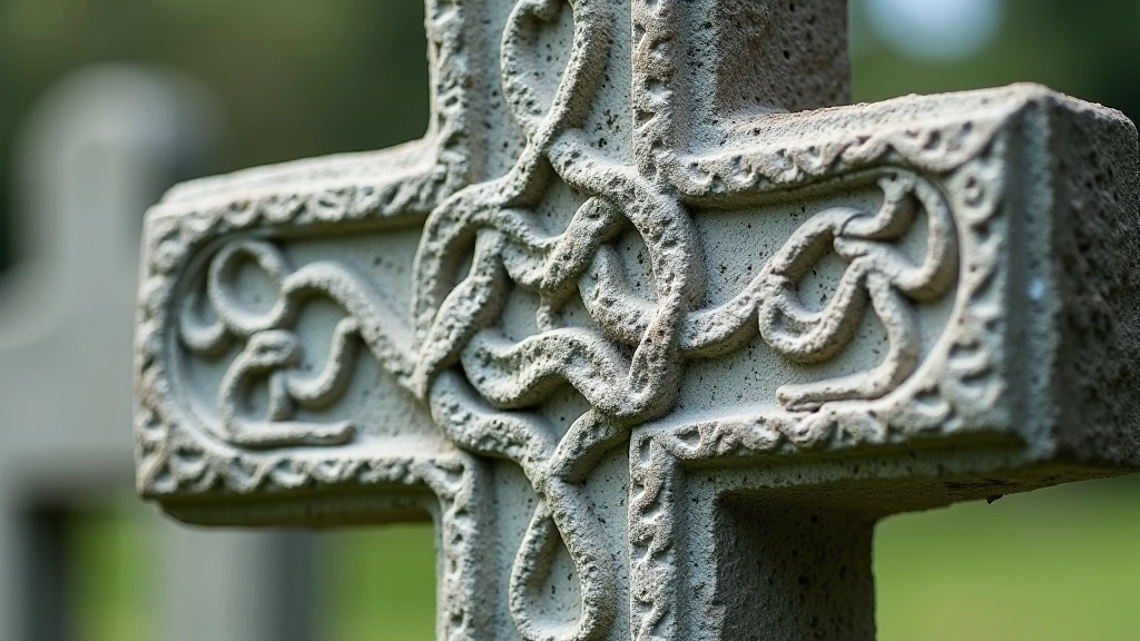 Detailed close-up of Celtic high cross carved panels showing interlaced knot patterns and biblical figures