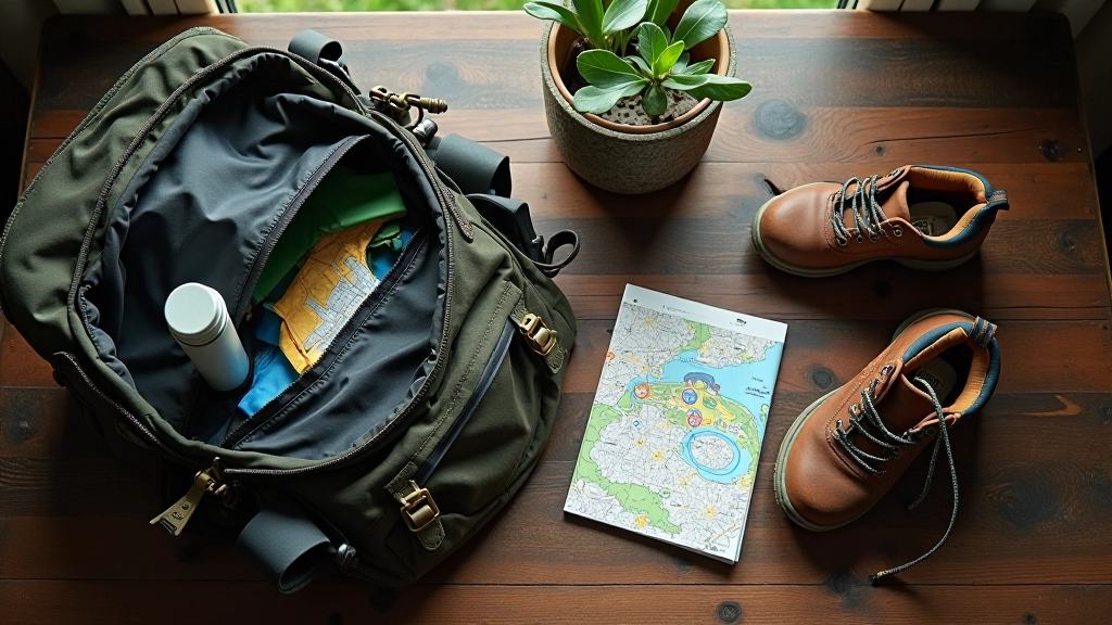 Overhead view of hiking backpack with water bottle, map, and compass laid out on wooden table with walking boots nearby