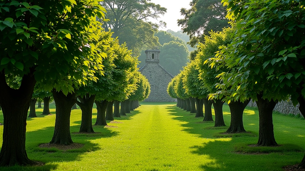 Overgrown monastery orchard with ancient fruit trees and stone walls in background, historic monastic site landscape