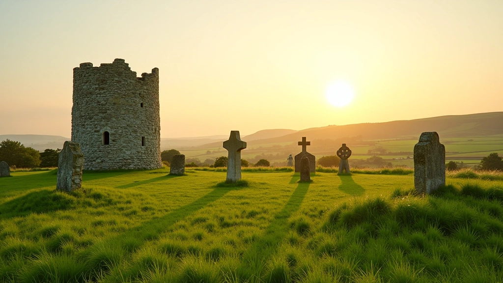 Ancient monastic ruins at Clonmacnoise with round tower and Celtic crosses overlooking green meadows