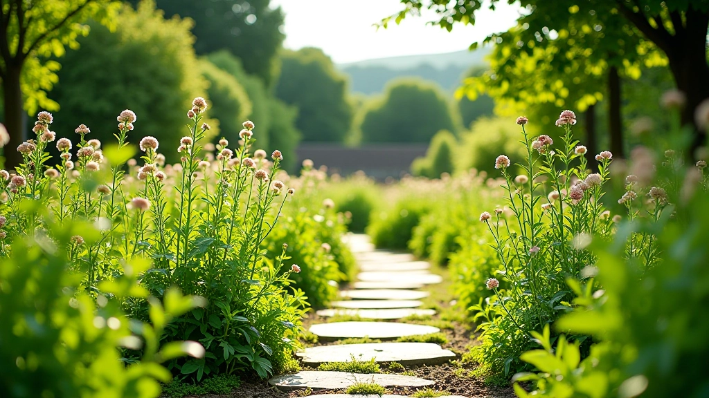 Medieval herb garden with various plants labeled, traditional monastery vegetable garden layout with stone paths
