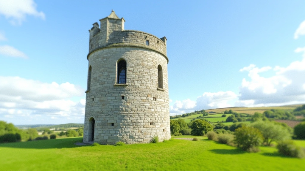 Tall stone round tower at Clonmacnoise with weathered medieval construction and clear sky