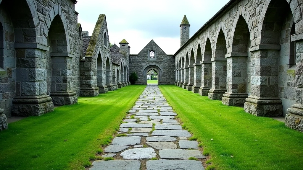 Stone pathway between ancient monastic buildings with green grass and medieval architecture on both sides