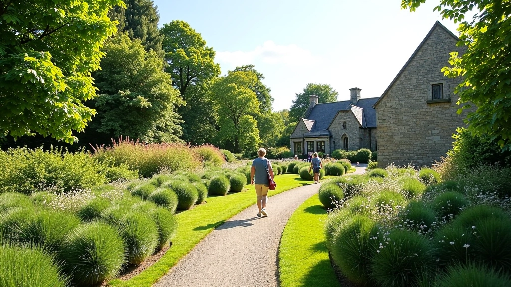 Modern heritage site with restored monastic garden interpretation, visitor center gardens reflecting medieval design principles