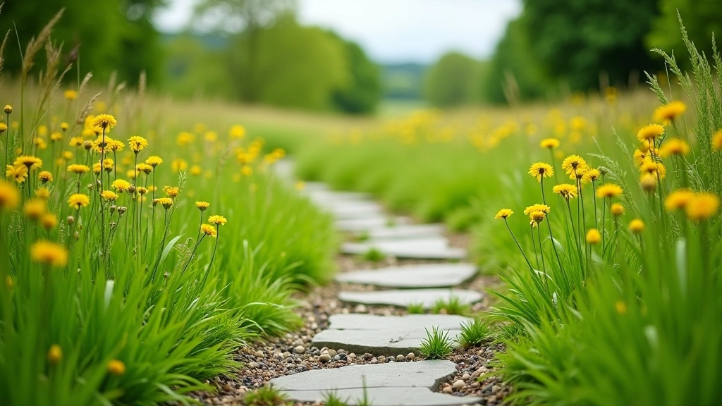 Close-up detail of walking path with natural stone surface winding through meadow grass and wildflowers