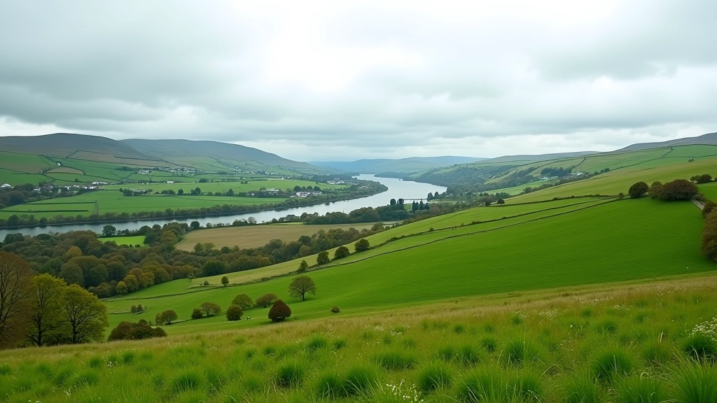 Wide panoramic view of the Shannon River winding through green pastoral landscape with distant hills under partly cloudy sky