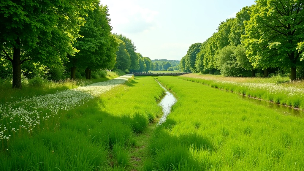 Lush green meadow along the Shannon River with wildflowers and trees in the distance