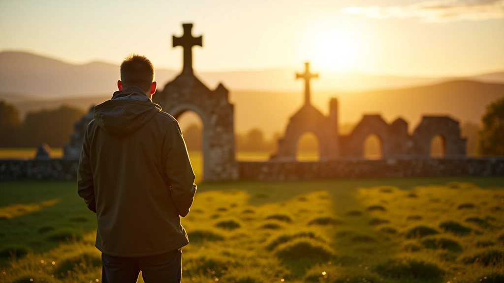 Tourist walking among Celtic high crosses at Irish monastic site during golden hour photography