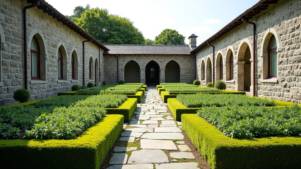 Reconstructed medieval cloister garden with stone walls, organized rectangular planting beds, and covered walkway visible
