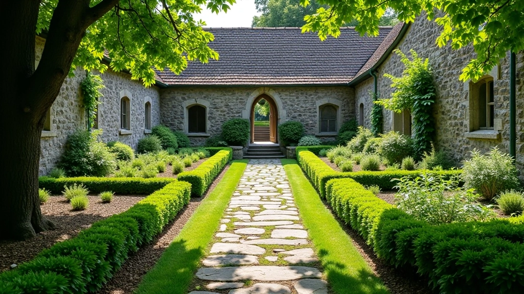 Medieval monastic garden with herb beds and stone pathways