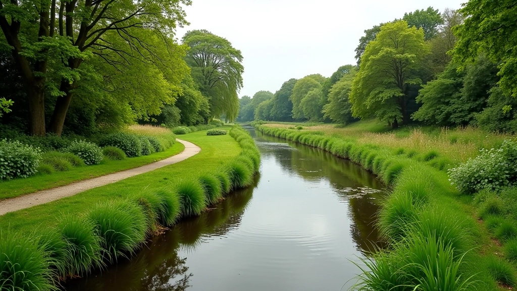 River flowing through scenic valley with walking path alongside
