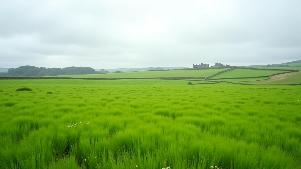 Wide vista of rolling green Irish meadows with distant church ruins
