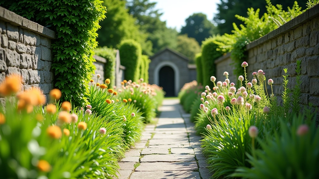 Serene monastic garden with stone walls and traditional medicinal plants