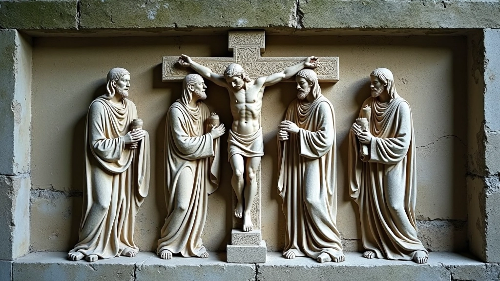Carved Celtic high cross panel showing Crucifixion scene with Christ figure and attending saints