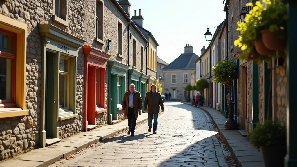 Charming village street with traditional stone buildings, colorful shop fronts, and a few locals walking on a sunny afternoon