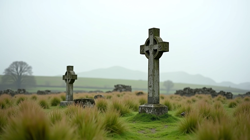 Comparison of two different Celtic high cross styles showing geometric versus figurative carving approaches