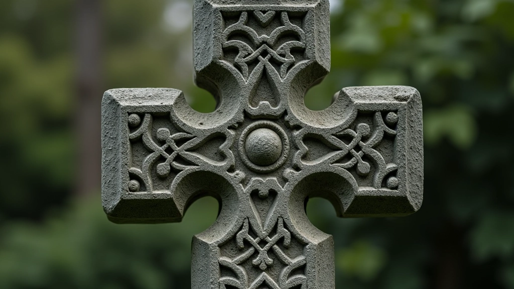 Close-up of ancient Celtic high cross with intricate carvings and weathered stone surface