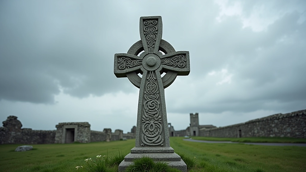 Celtic high cross with intricate carved patterns and monastic symbolism