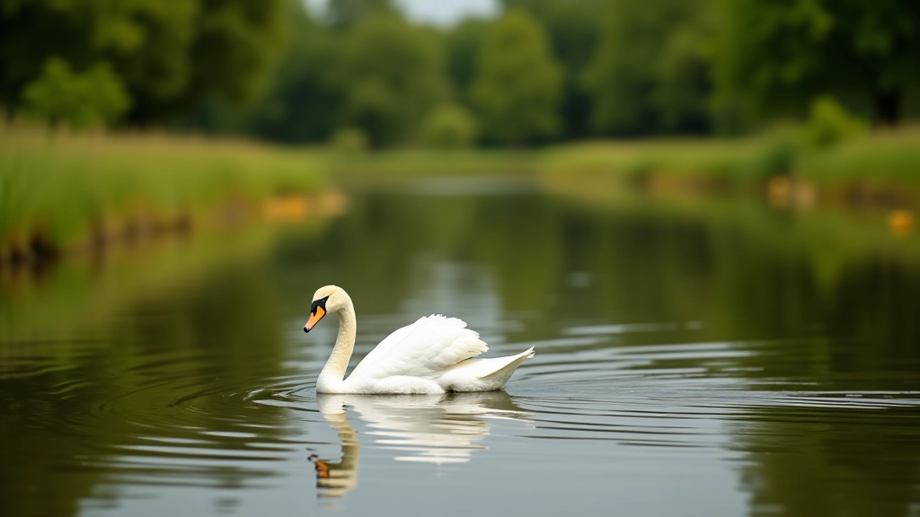 Wildlife photography showing a white swan gliding on calm river water with green meadow and trees reflected in the background